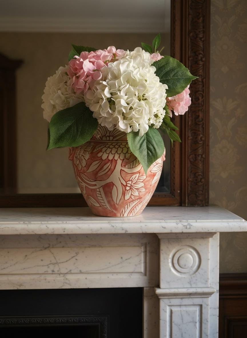 Pink and White Hydrangea in Ceramic Planter