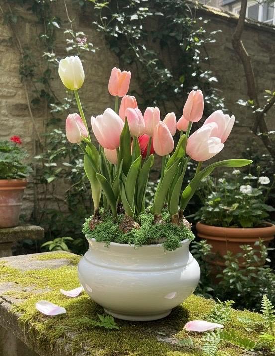 Artificial Pink Tulip Bulb Arrangement in White Ceramic Planter