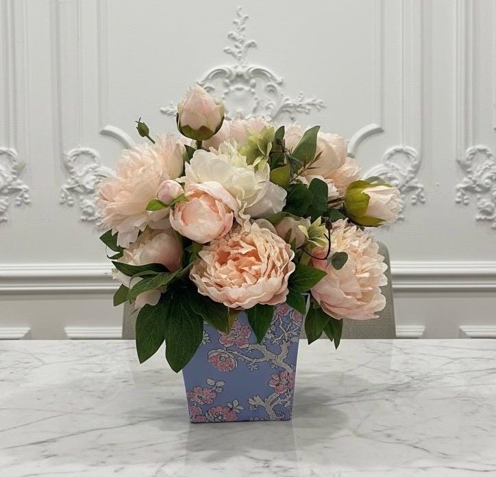 Pink Peonies Floral Arrangement in Blue Cherry Blossom Cachepot