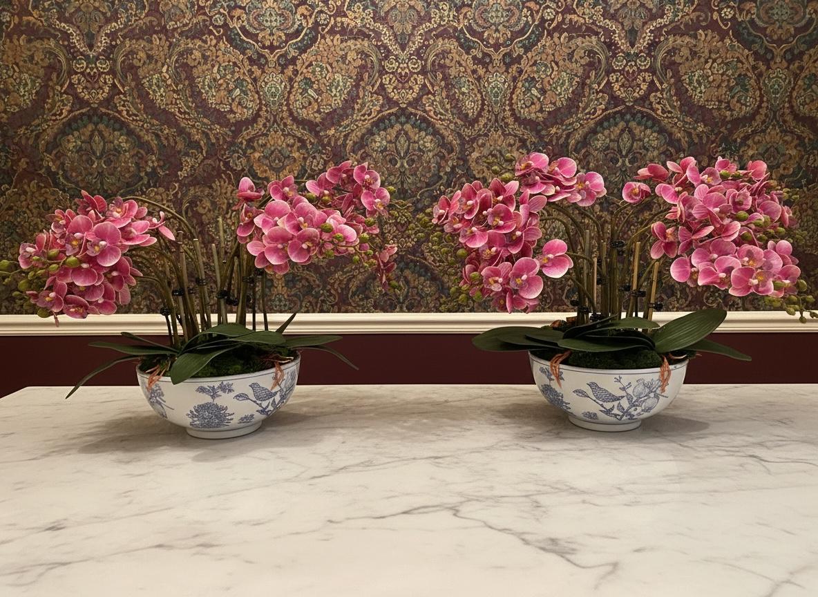 Real Touch Pink Orchid Arrangement in Bird Bowl