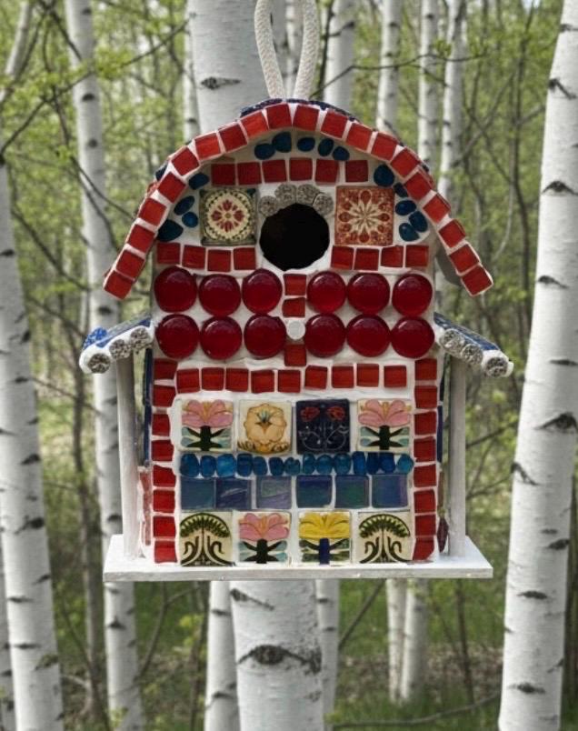 Handmade Red Mosaic Bard Birdhouse