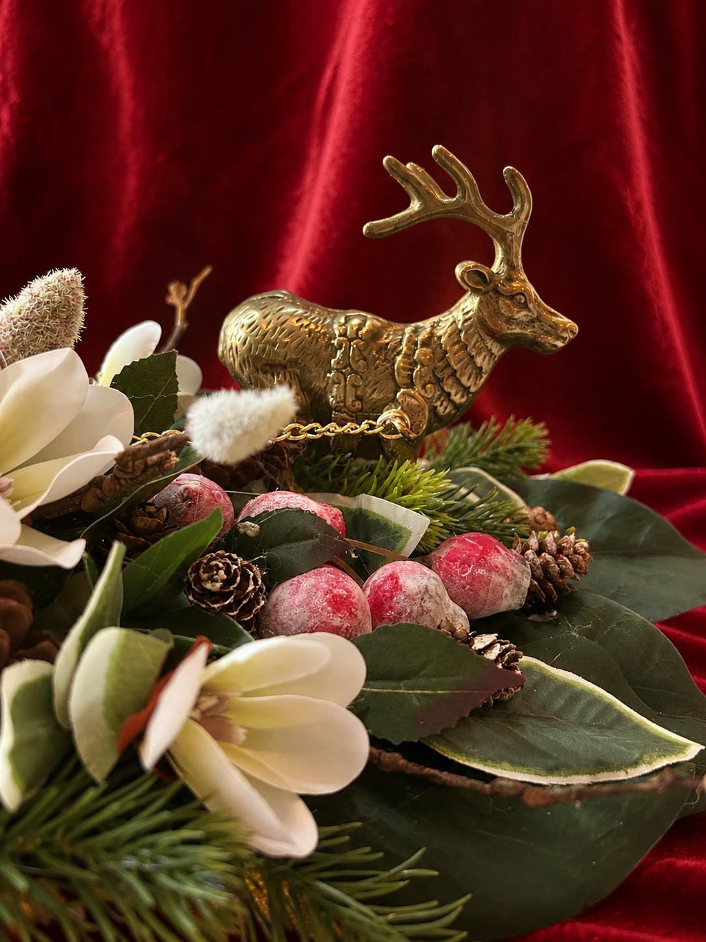 Vintage Brass Reindeer Floral Holiday Centerpiece