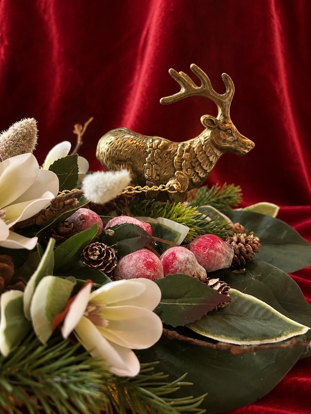 Vintage Brass Reindeer Floral Holiday Centerpiece