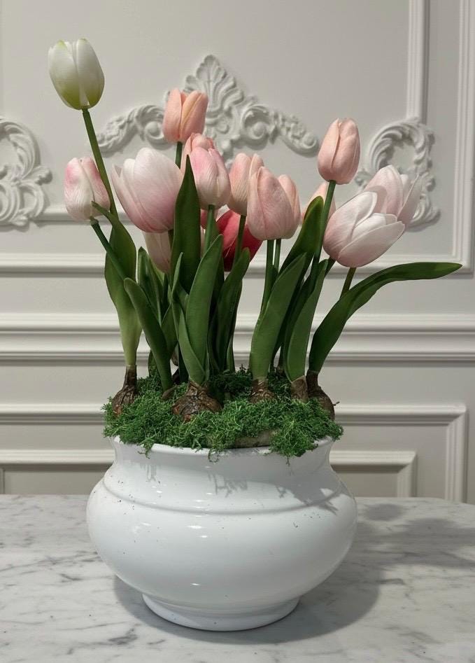 Artificial Pink Tulip Bulb Arrangement in White Ceramic Planter