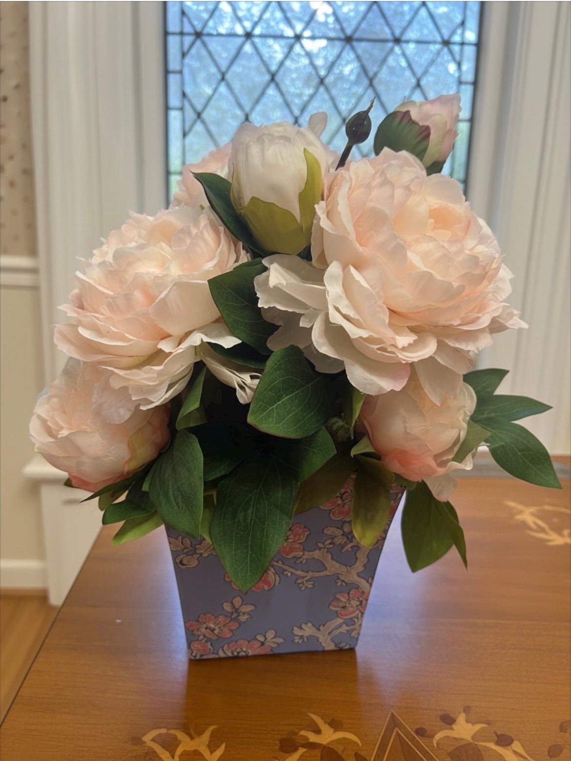 Pink Peonies Floral Arrangement in Blue Cherry Blossom Cachepot