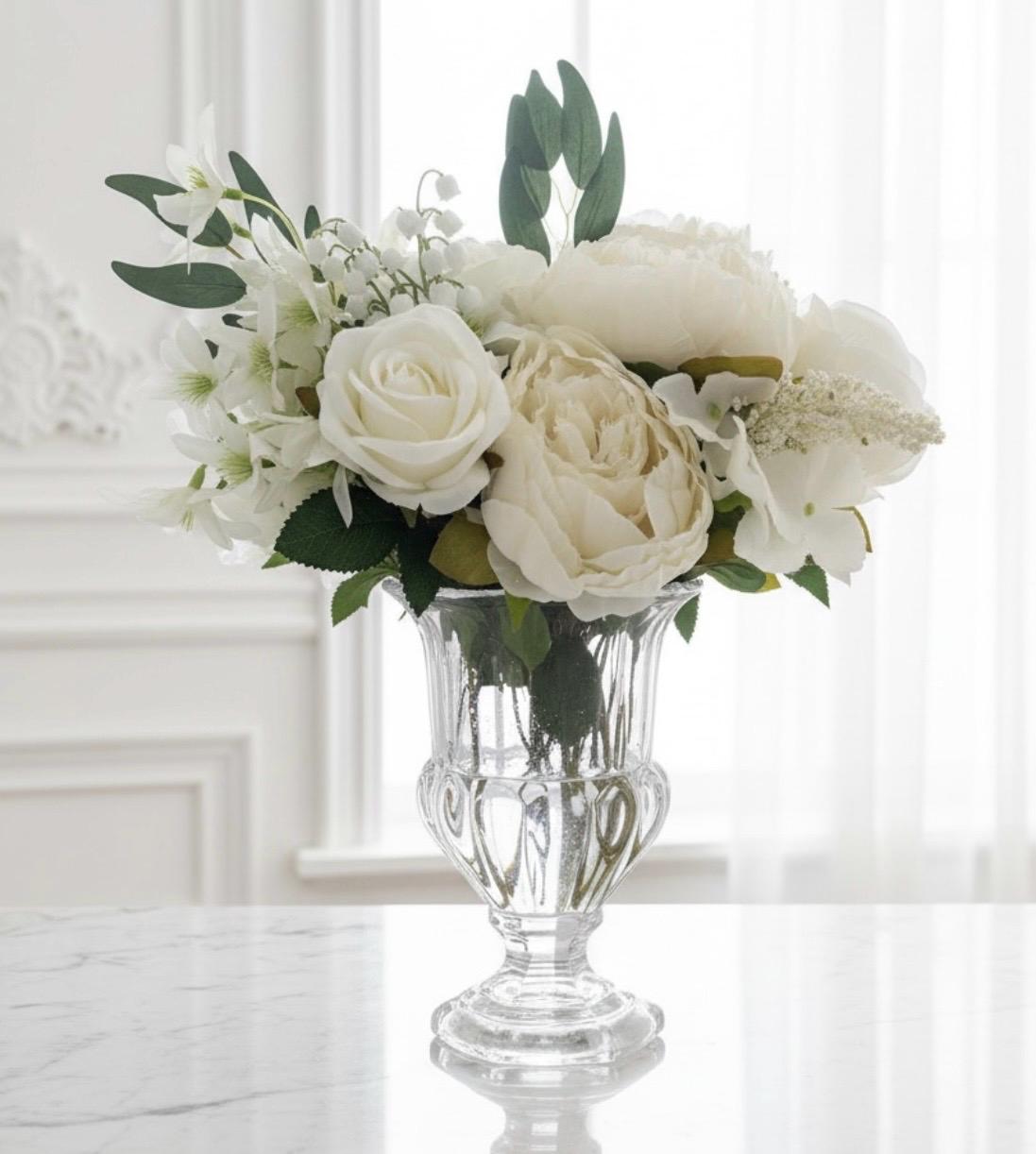 Faux White Peonies, Roses & Lilies in Glass Pedestal Vase