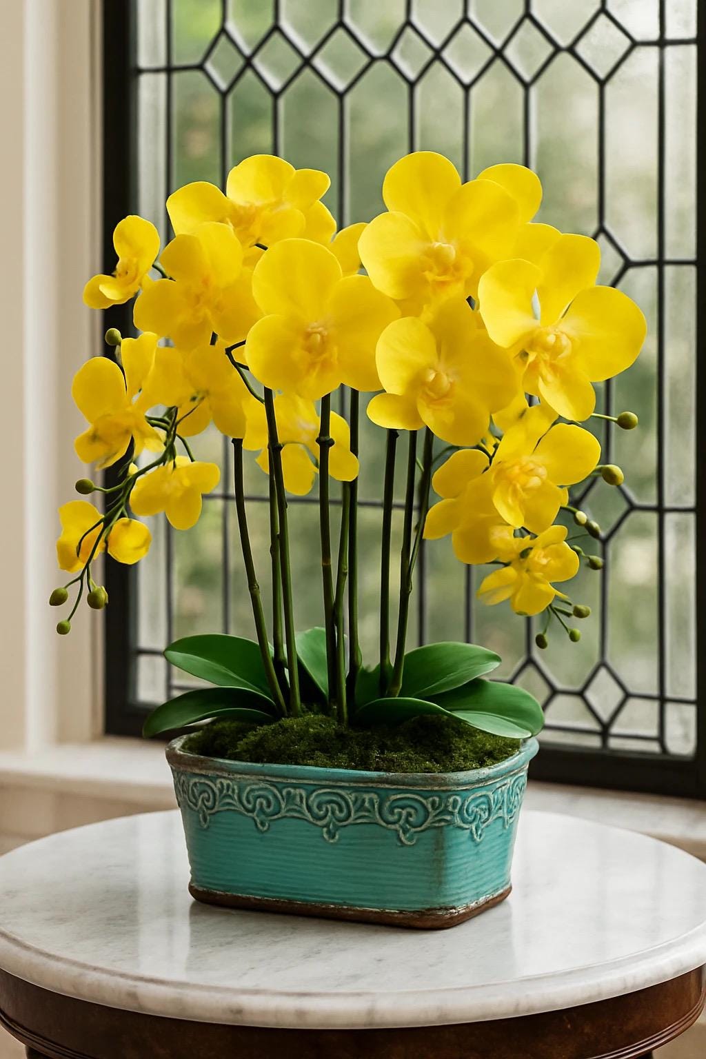 Faux Yellow Orchid in Teal Planter