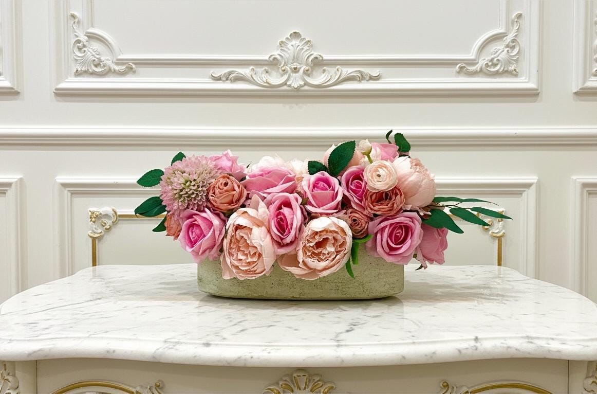 Pink Rose & Peony Arrangement in Stone Planter