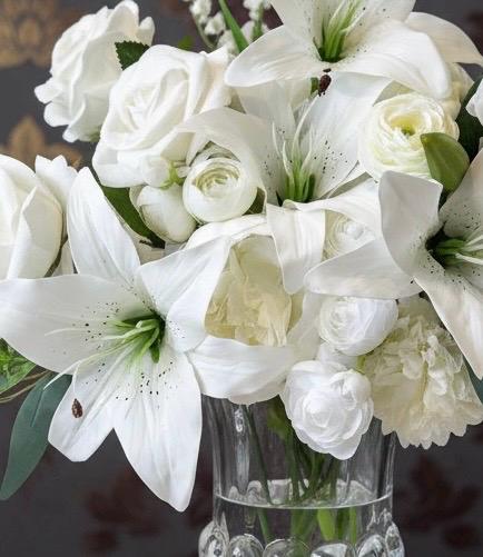 Faux White Peonies, Roses & Lilies in Glass Pedestal Vase