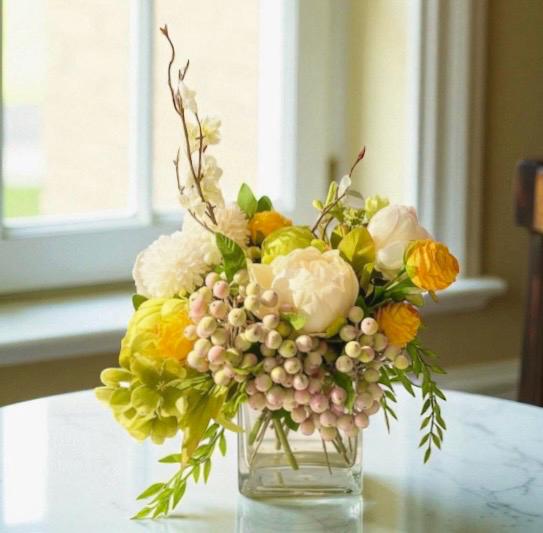 Faux Yellow Peonies & Berries in Vase with Water Illusion
