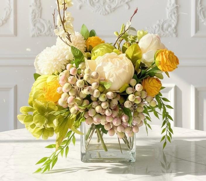 Faux Yellow Peonies & Berries in Vase with Water Illusion