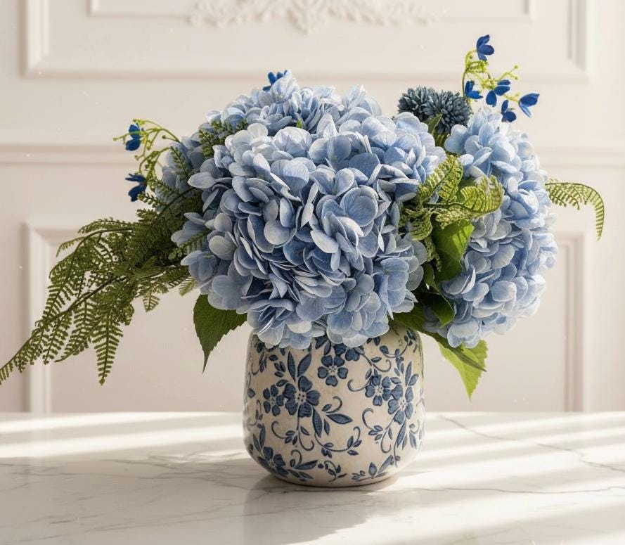 Faux Blue Hydrangea in Ceramic Vase