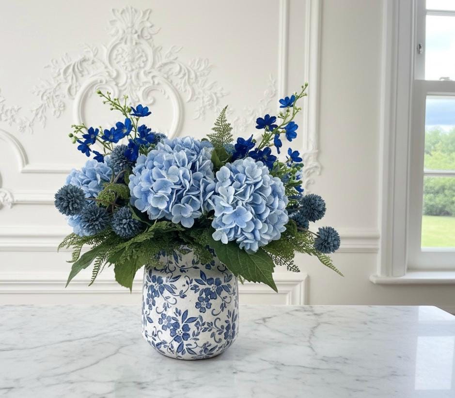Faux Blue Hydrangea in Ceramic Vase