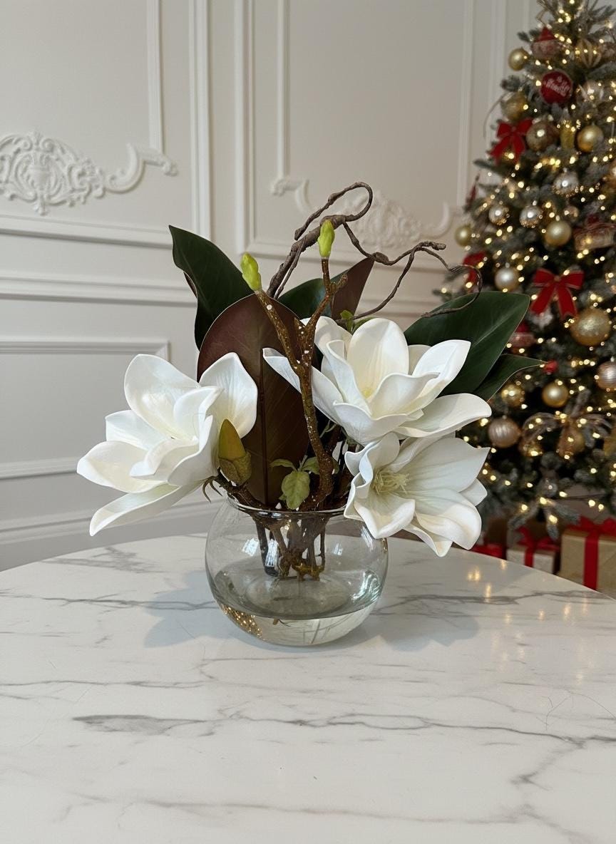 Faux Magnolia Blossoms in Glass Ball Vase with Water Illusion