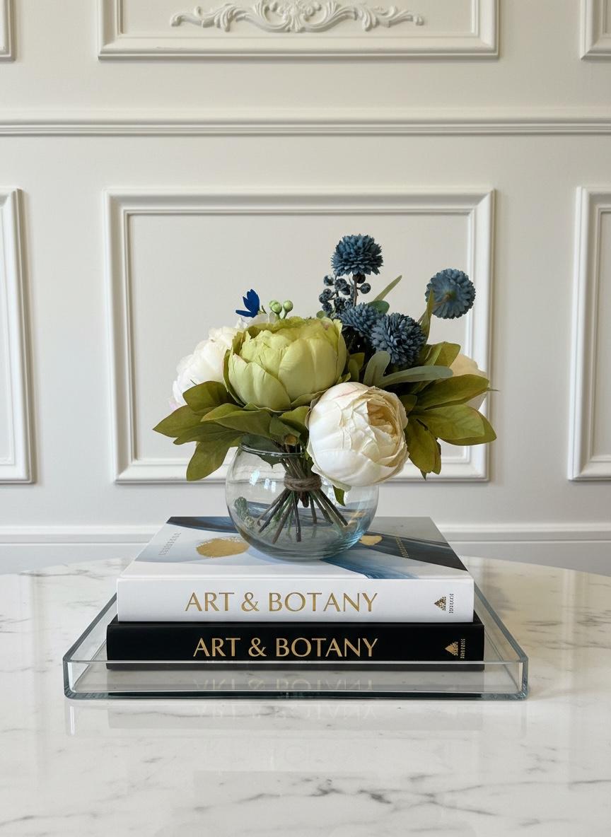 Faux Peonies & Blueberries in a Glass Vase with Water Illusion