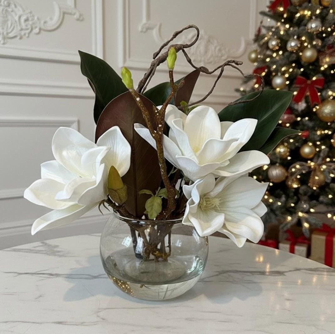 Faux Magnolia Blossoms in Glass Ball Vase with Water Illusion