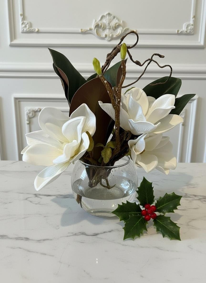 Faux Magnolia Blossoms in Glass Ball Vase with Water Illusion