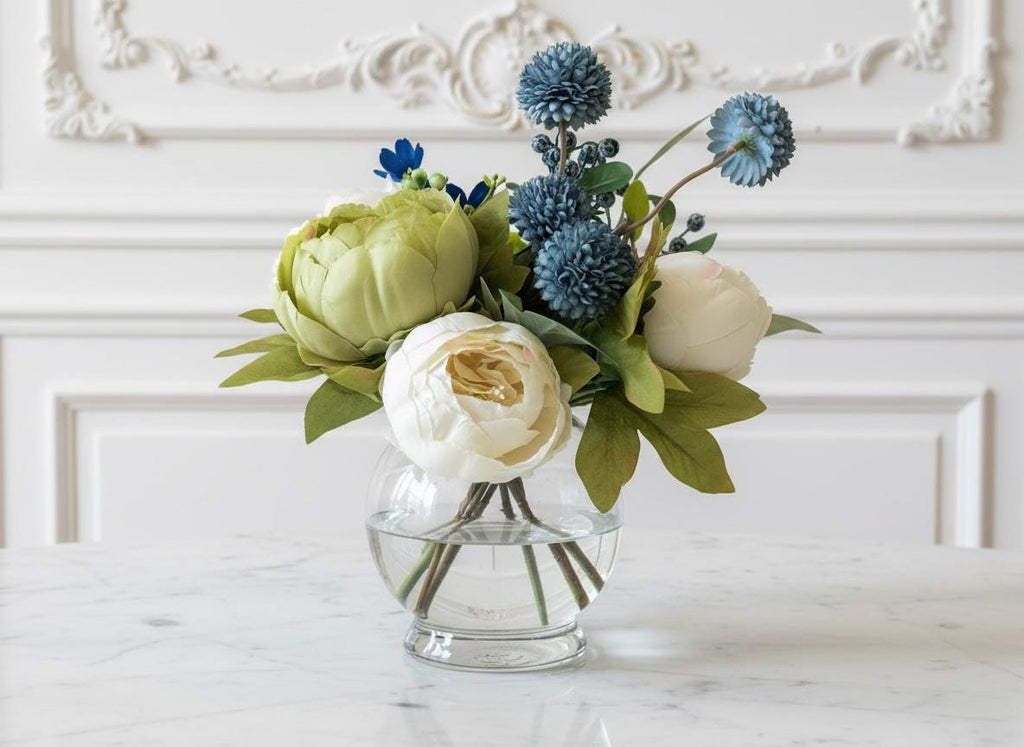 Faux Peonies & Blueberries in a Glass Vase with Water Illusion