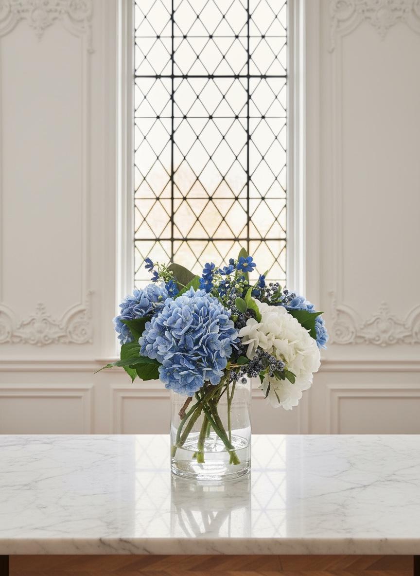 Faux Blue & White Hydrangeas in Large Glass Vase with Water Illusion