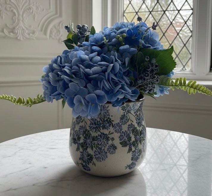 Faux Blue or White Hydrangea Mix Arrangement in Ceramic Blue & Green Vase