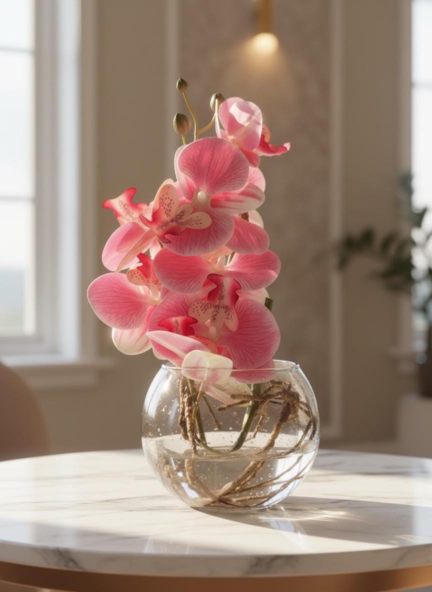 Real touch pink orchid in glass vase with roots and water illusion