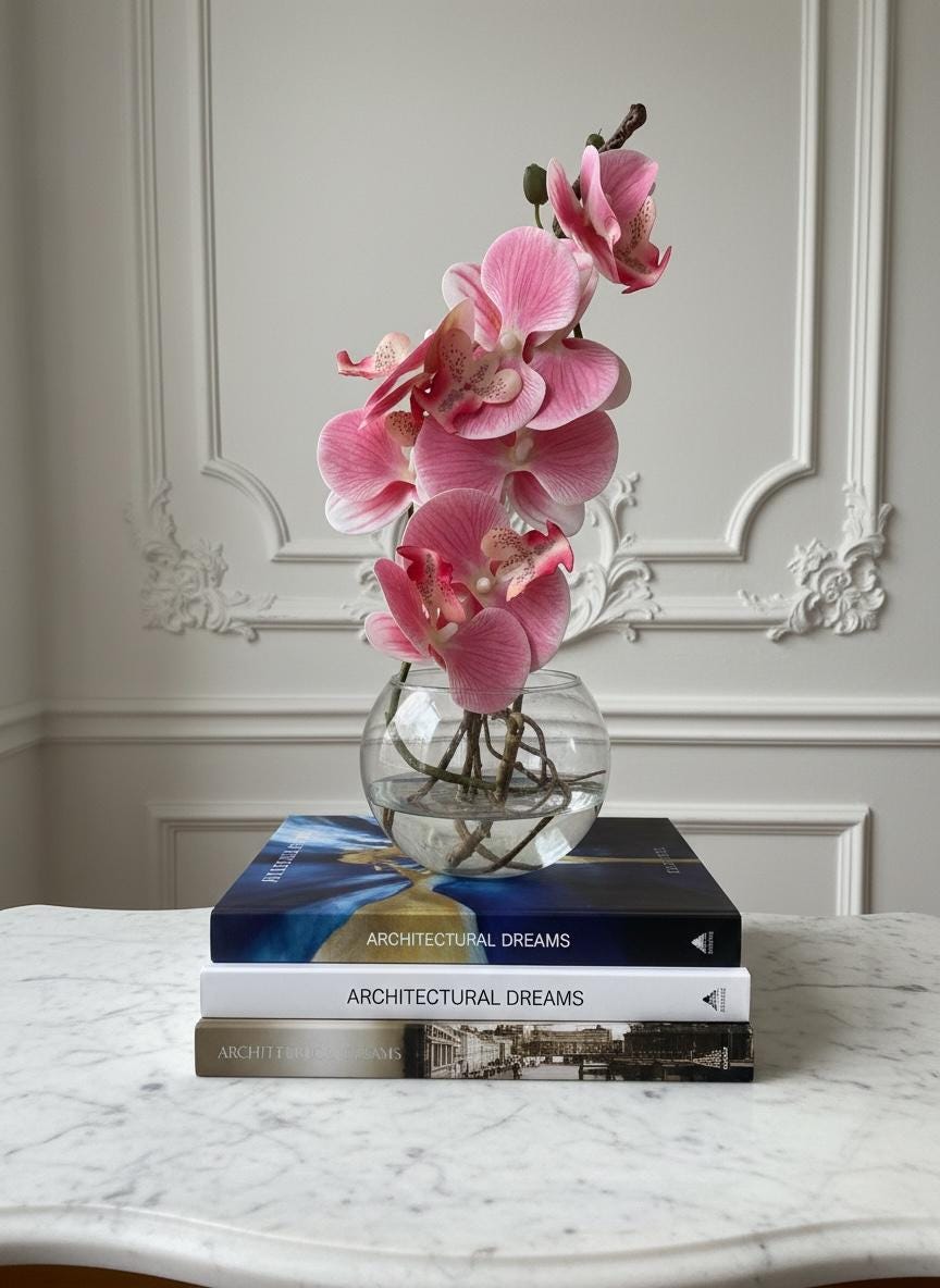 Real touch pink orchid in glass vase with roots and water illusion