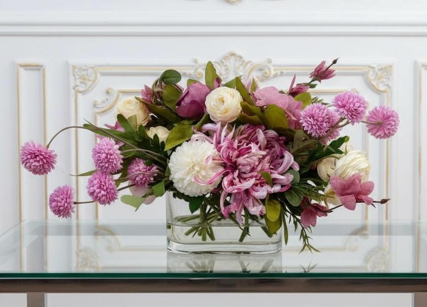 Faux Pink Dahlia and Chrysanthemums in Glass Vase with Water Illusion