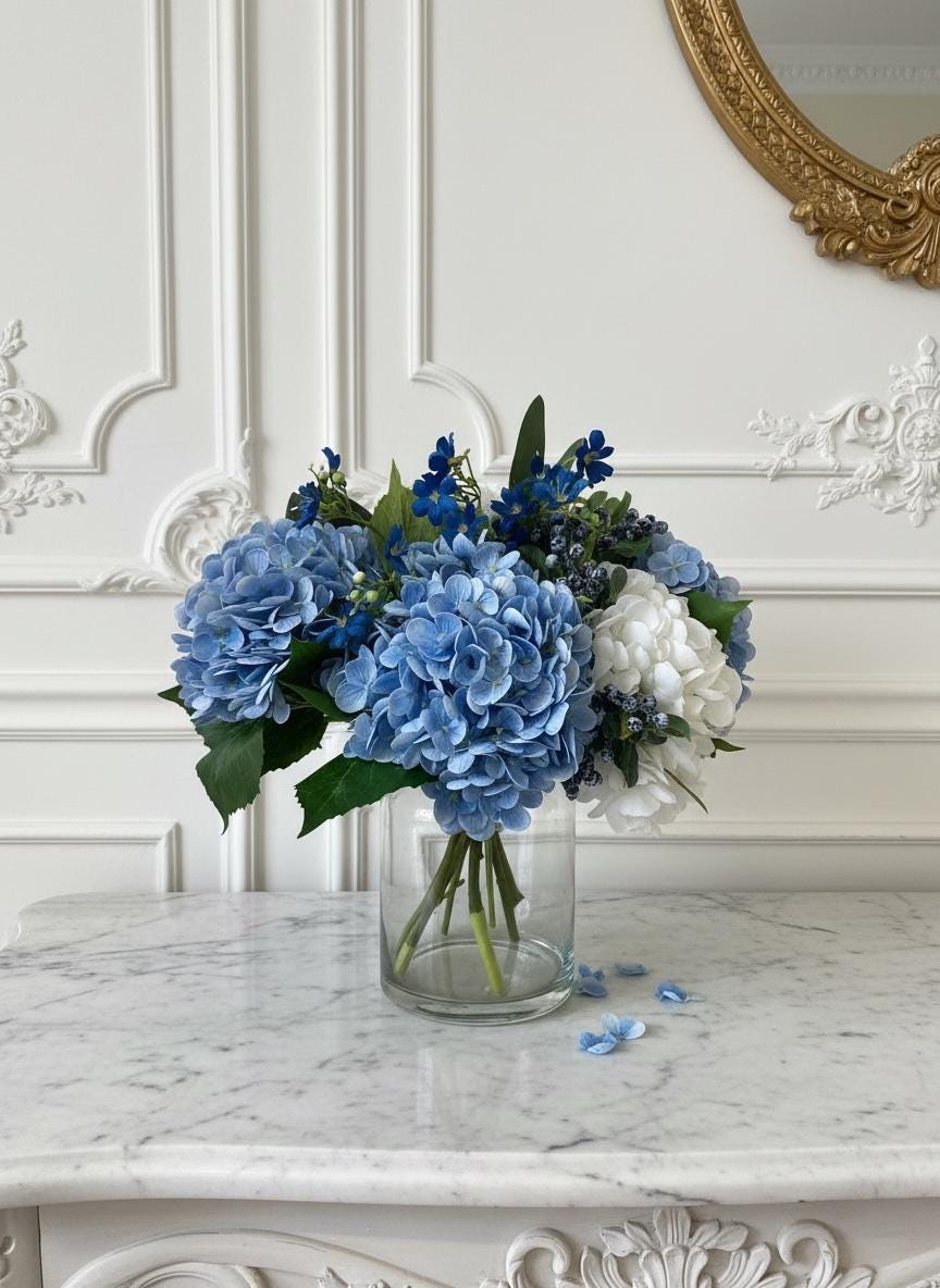 Faux Blue & White Hydrangeas in Large Glass Vase with Water Illusion