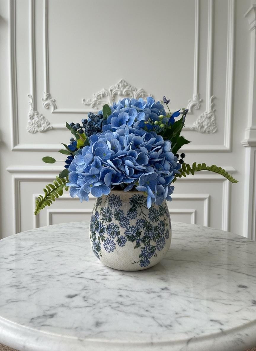 Faux Blue or White Hydrangea Mix Arrangement in Ceramic Blue & Green Vase