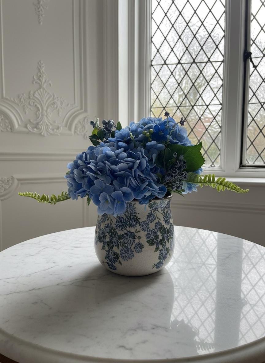 Faux Blue or White Hydrangea Mix Arrangement in Ceramic Blue & Green Vase