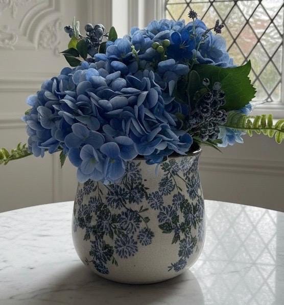 Faux Blue or White Hydrangea Mix Arrangement in Ceramic Blue & Green Vase
