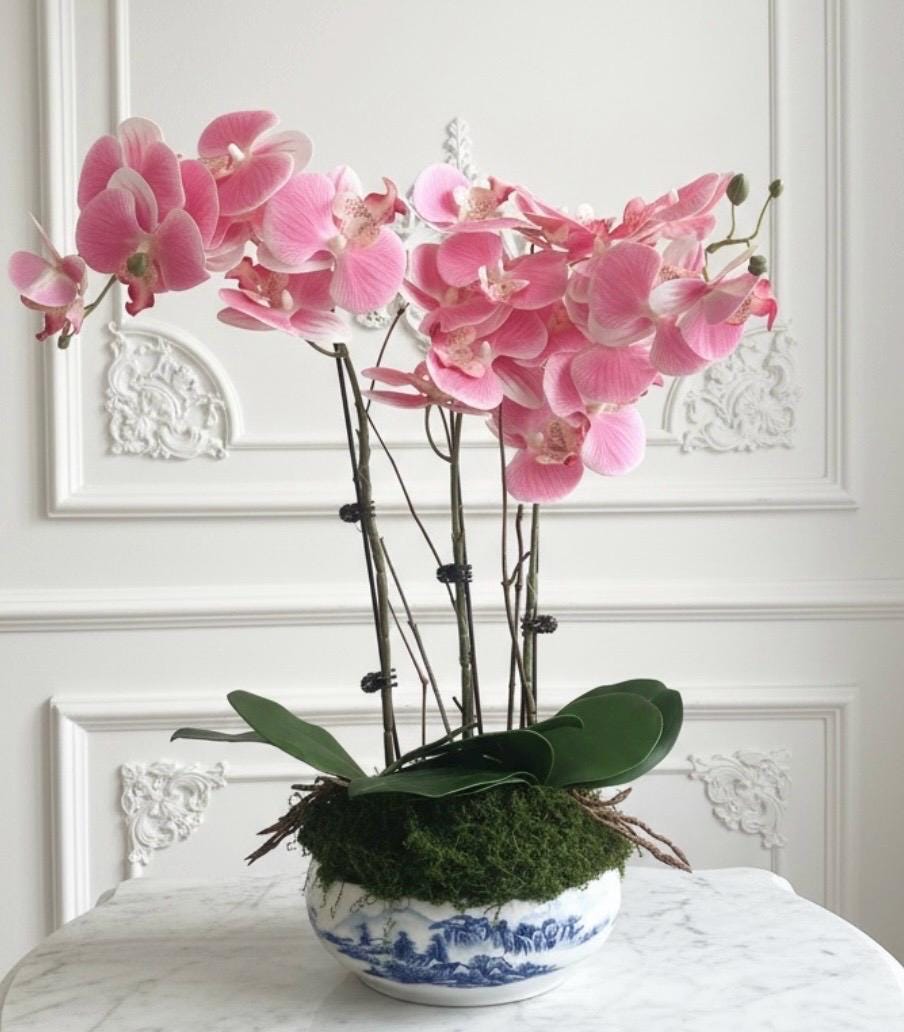Faux Pink Orchids and Twigs in Blue & White Ceramic Bowl