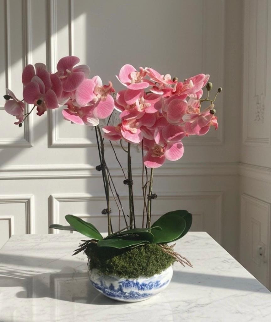 Faux Pink Orchids and Twigs in Blue & White Ceramic Bowl