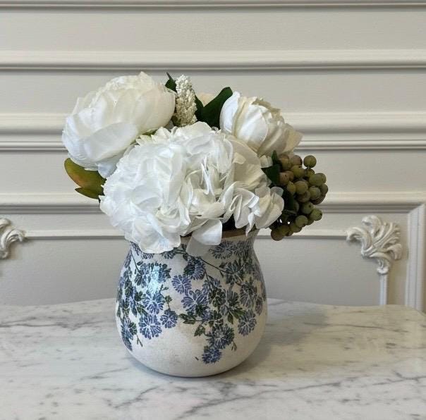 Faux Blue or White Hydrangea Mix Arrangement in Ceramic Blue & Green Vase