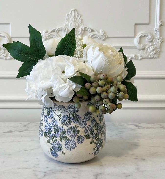 Faux Blue or White Hydrangea Mix Arrangement in Ceramic Blue & Green Vase