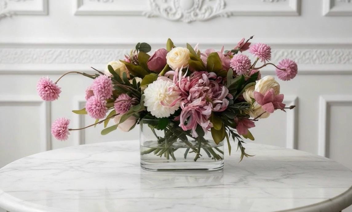 Faux Pink Dahlia and Chrysanthemums in Glass Vase with Water Illusion
