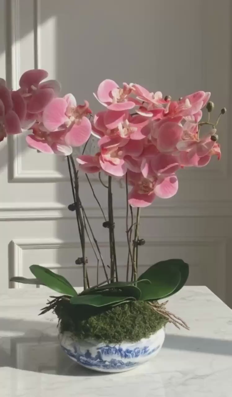 Faux Pink Orchids and Twigs in Blue & White Ceramic Bowl