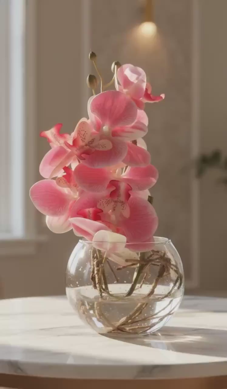 Real touch pink orchid in glass vase with roots and water illusion