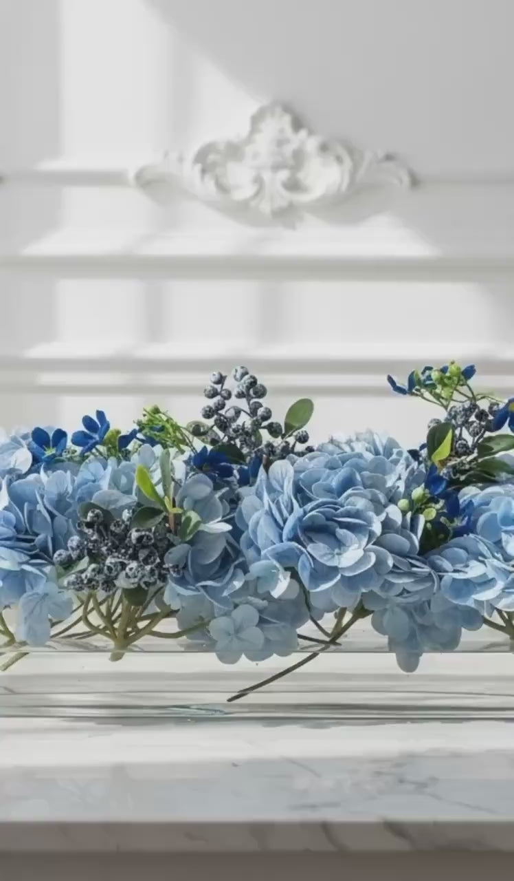 Faux Floral Centerpiece in Long Glass Vase with Artificial Water