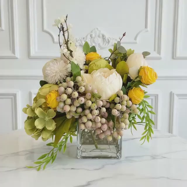 Faux Yellow Peonies & Berries in Vase with Water Illusion