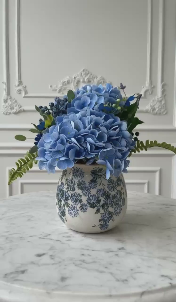 Faux Blue or White Hydrangea Mix Arrangement in Ceramic Blue & Green Vase