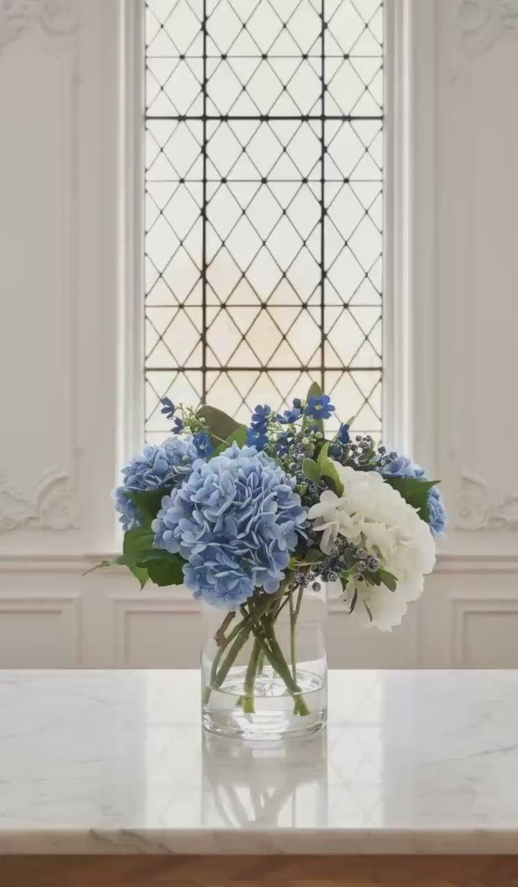 Faux Blue & White Hydrangeas in Large Glass Vase with Water Illusion