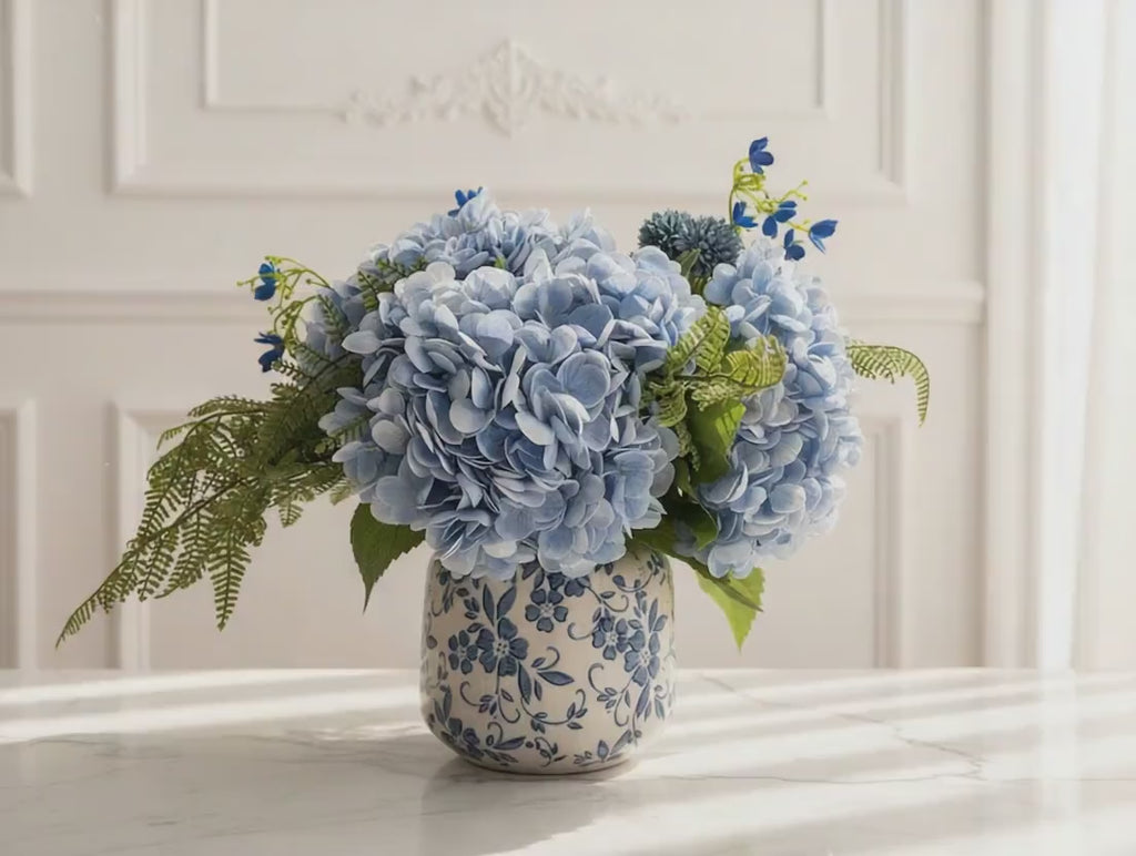 Faux Blue Hydrangea in Ceramic Vase