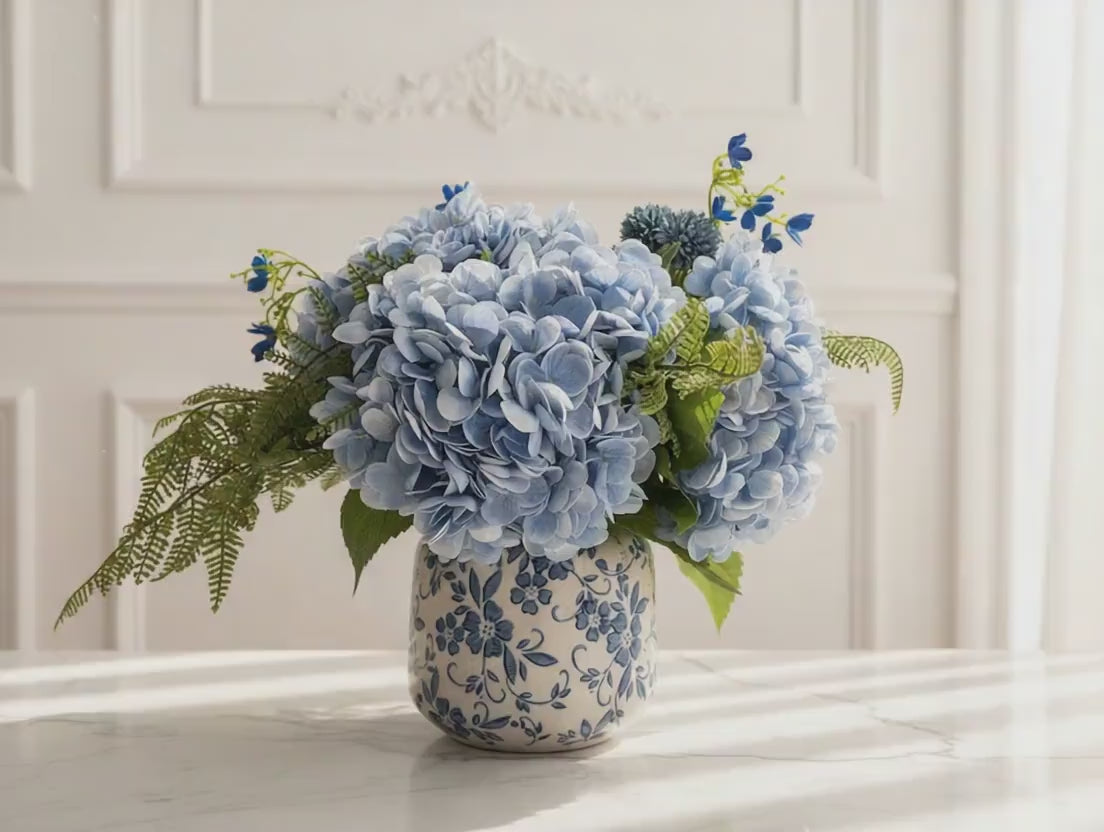 Faux Blue Hydrangea in Ceramic Vase